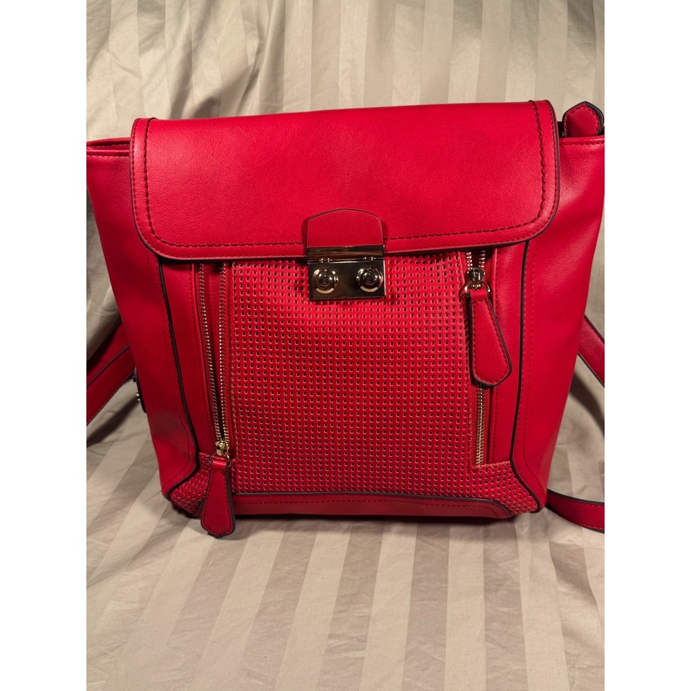 CXL by Christian Lacroix Red Faux Leather Perforated Flap Backpack Bag NEW